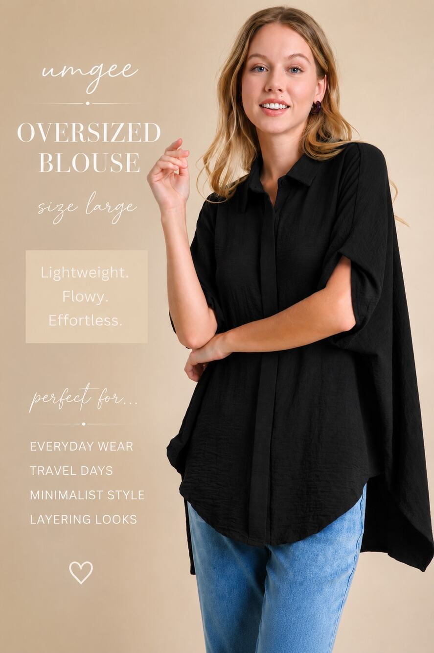 New Umgee Oversized Blouse Button Up Large Black Dolman Lagenlook Minimalist